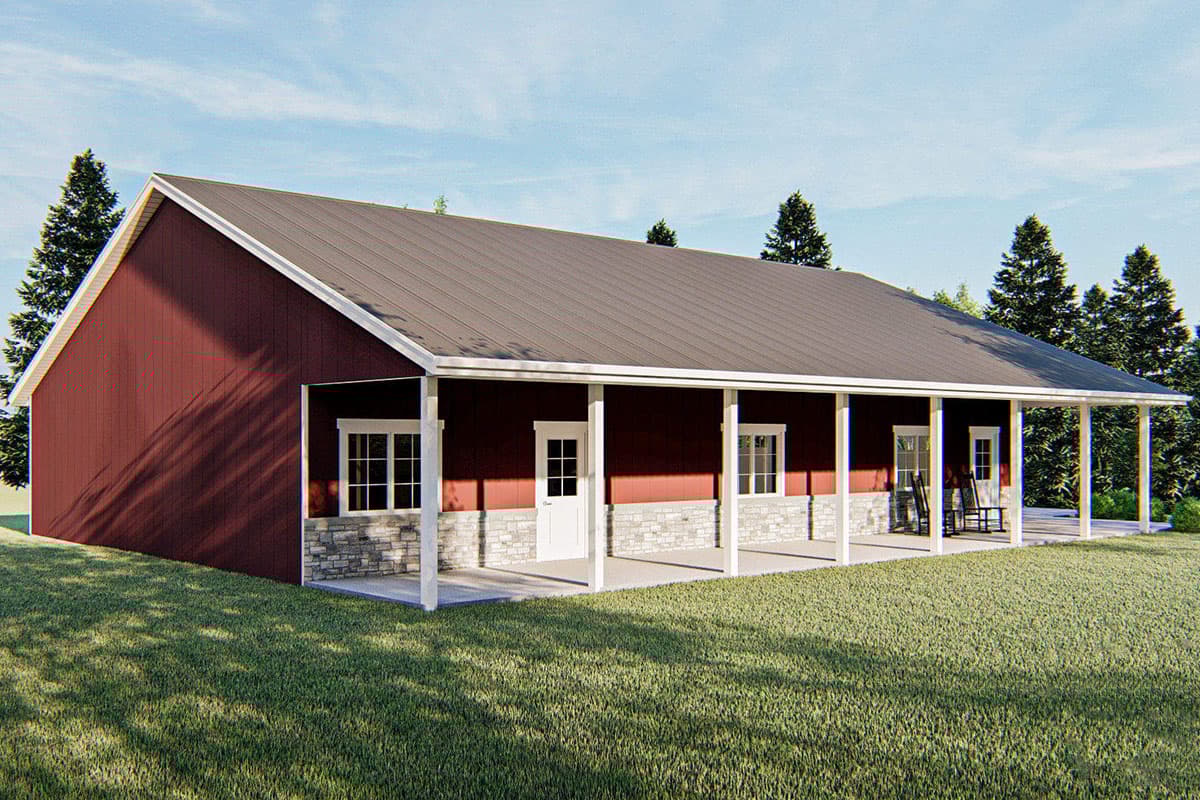 House plan exterior: One-story ranch with metal roof, red siding, stone wainscoting, and full-length covered porch.