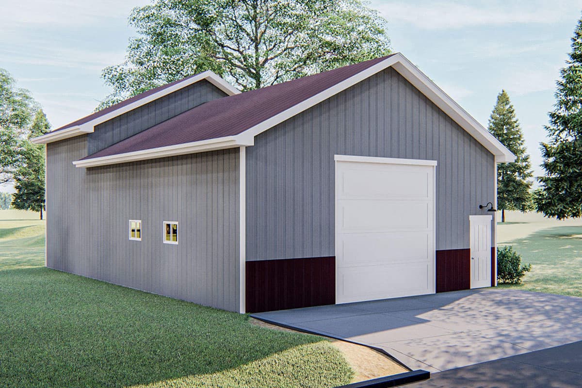 House plan exterior: Tall one-story structure with a large overhead garage door, side door, and two small windows.