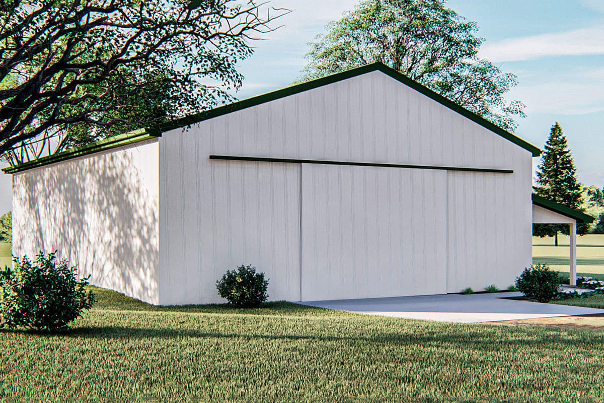 House plan exterior rendering of a white barn-style building with a large sliding door and a covered porch.
