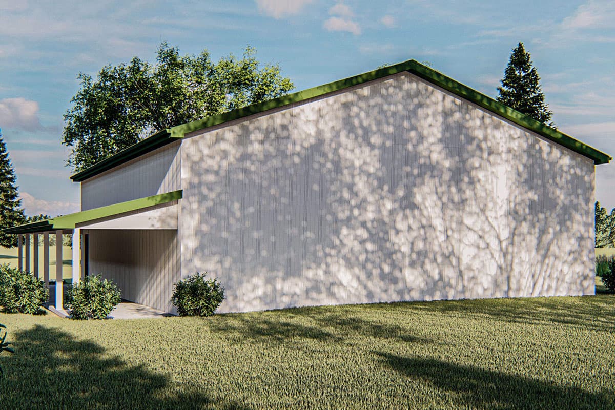 House plan exterior rendering of a modern barn-style structure with a covered porch and gabled rooflines.