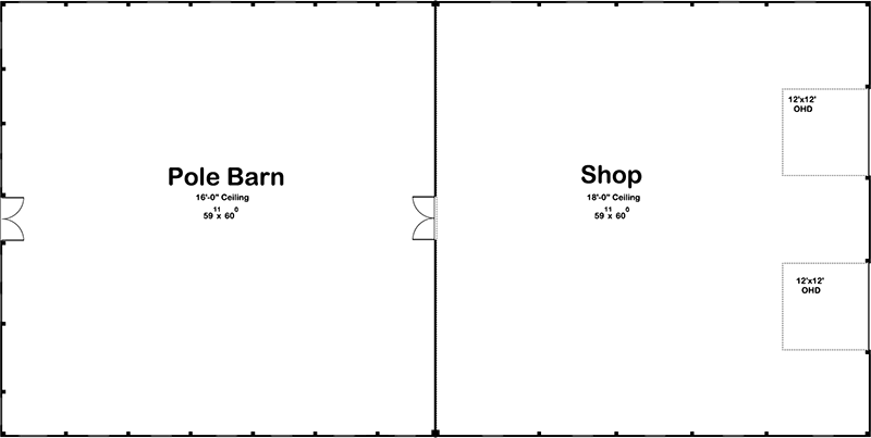 Plan 62947DJ: Giant Pole Barn with Garage Shop Attached - Floor Plan - Main Level - Barndominium, Southern