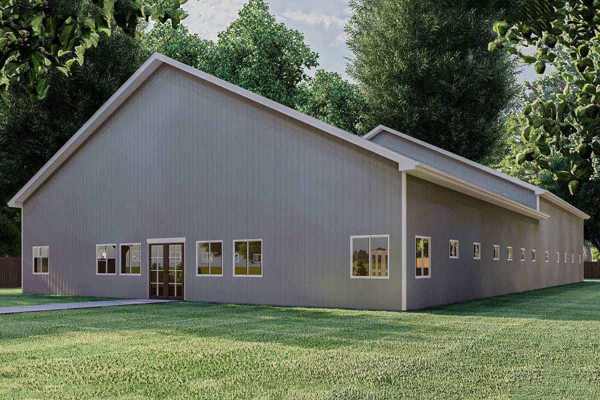 House plan exterior with modern style, featuring a gabled roof, multiple windows, and a combination of doors and windows along the facade.