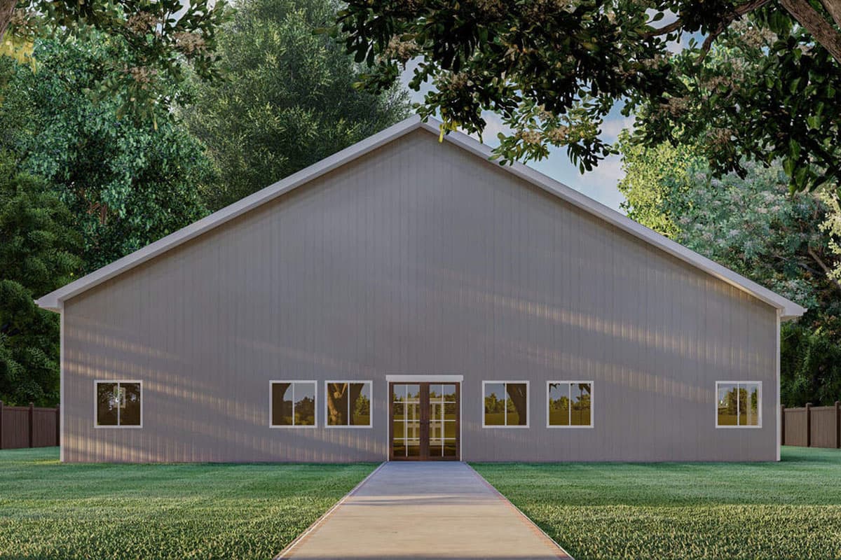 House plan exterior: Gable roof, central double doors, and paired windows on a single-story structure.