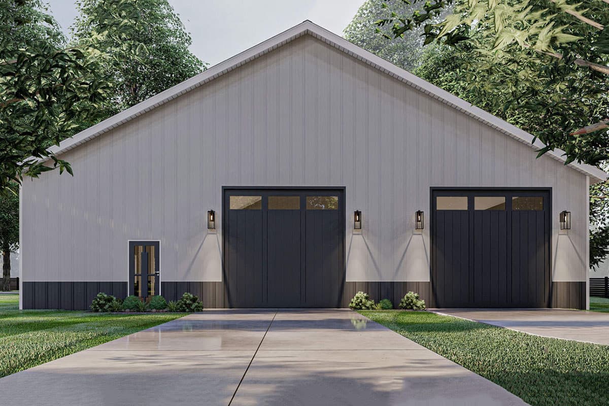 House plan exterior featuring a gabled roof, two-car garage, and a single entry door. Vertical siding and dark trim.