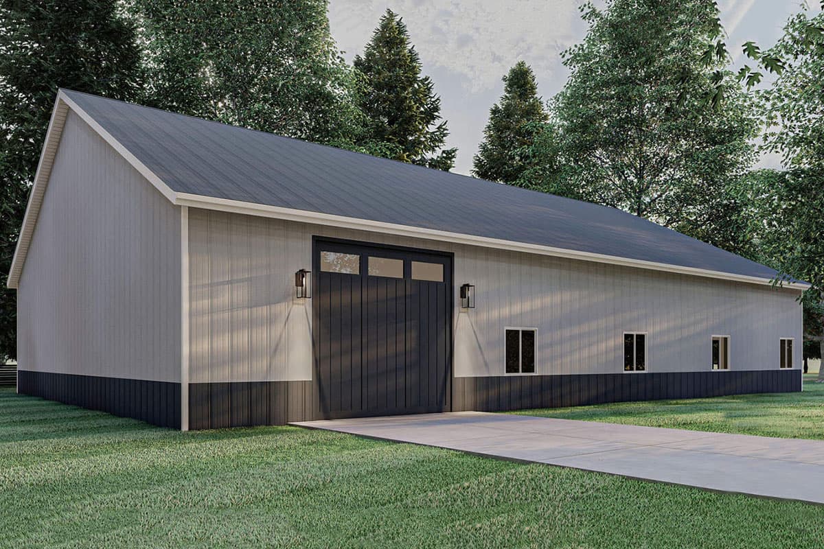 House plan exterior: Modern barn style, single-story, with a large garage door, two wall-mounted lights, and several rectangular windows.