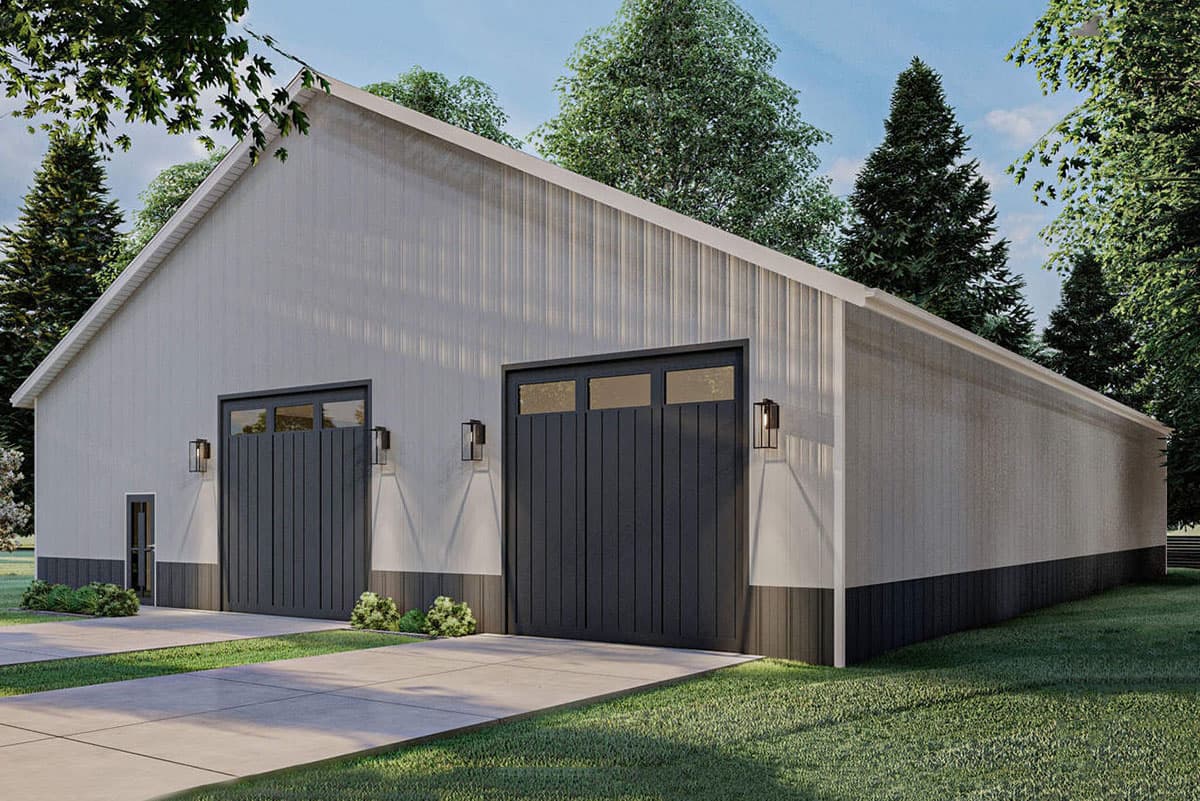 Plan 62948DJ: Large Pole Barn Plan with 3 Sets of 12' by 12' Overhead Garage Doors - Image #4
