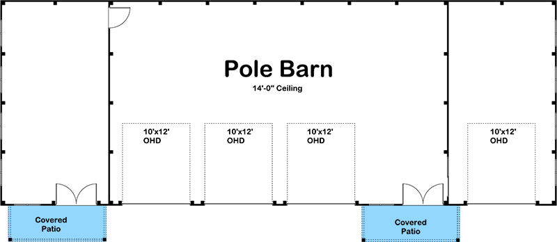 Plan 62950DJ: Pole Barn with 4 Overhead Doors and Covered Patio - Floor Plan - Main Level - Barndominium, Country, Modern, Modern Farmhouse