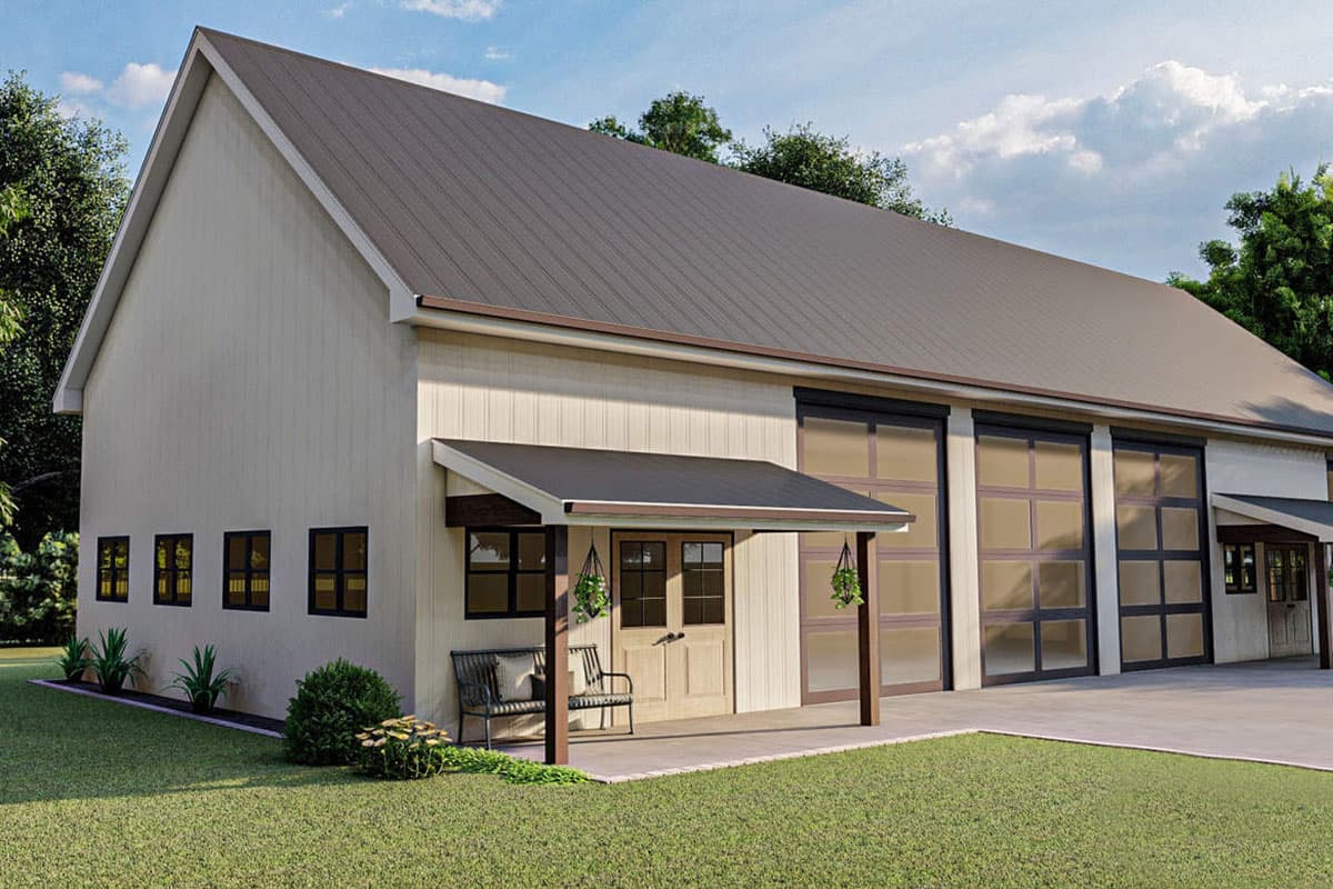 Modern Farmhouse house plan exterior, two stories, metal roof, two large glass garage doors, and covered entry.