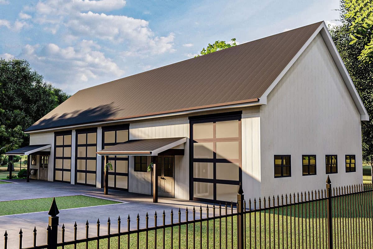 Plan 62950DJ: Pole Barn with 4 Overhead Doors and Covered Patio - Image #5 - Barndominium, Country, Modern, Modern Farmhouse