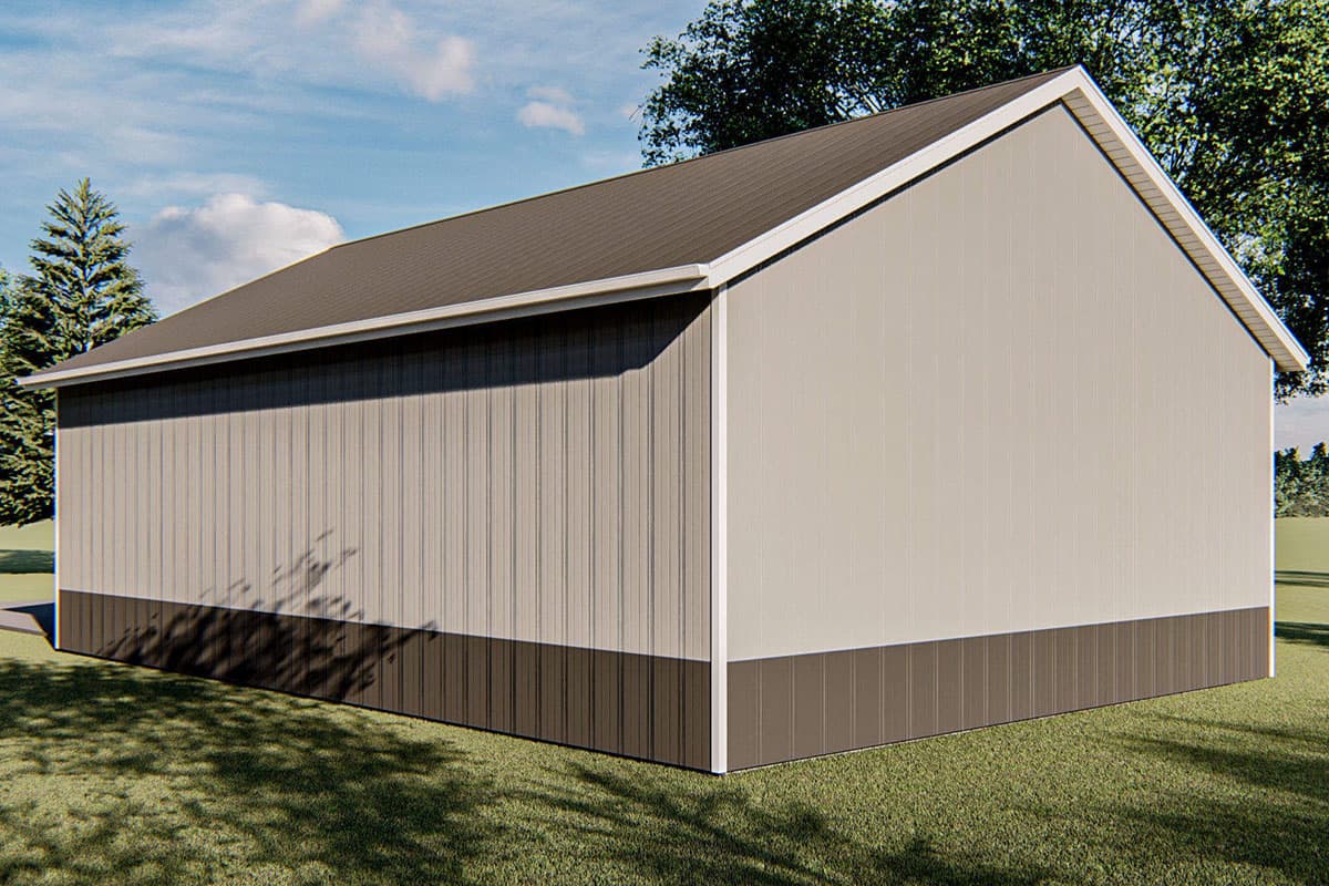 House plan exterior with vertical siding, gable roof, and two-tone wainscoting detail.