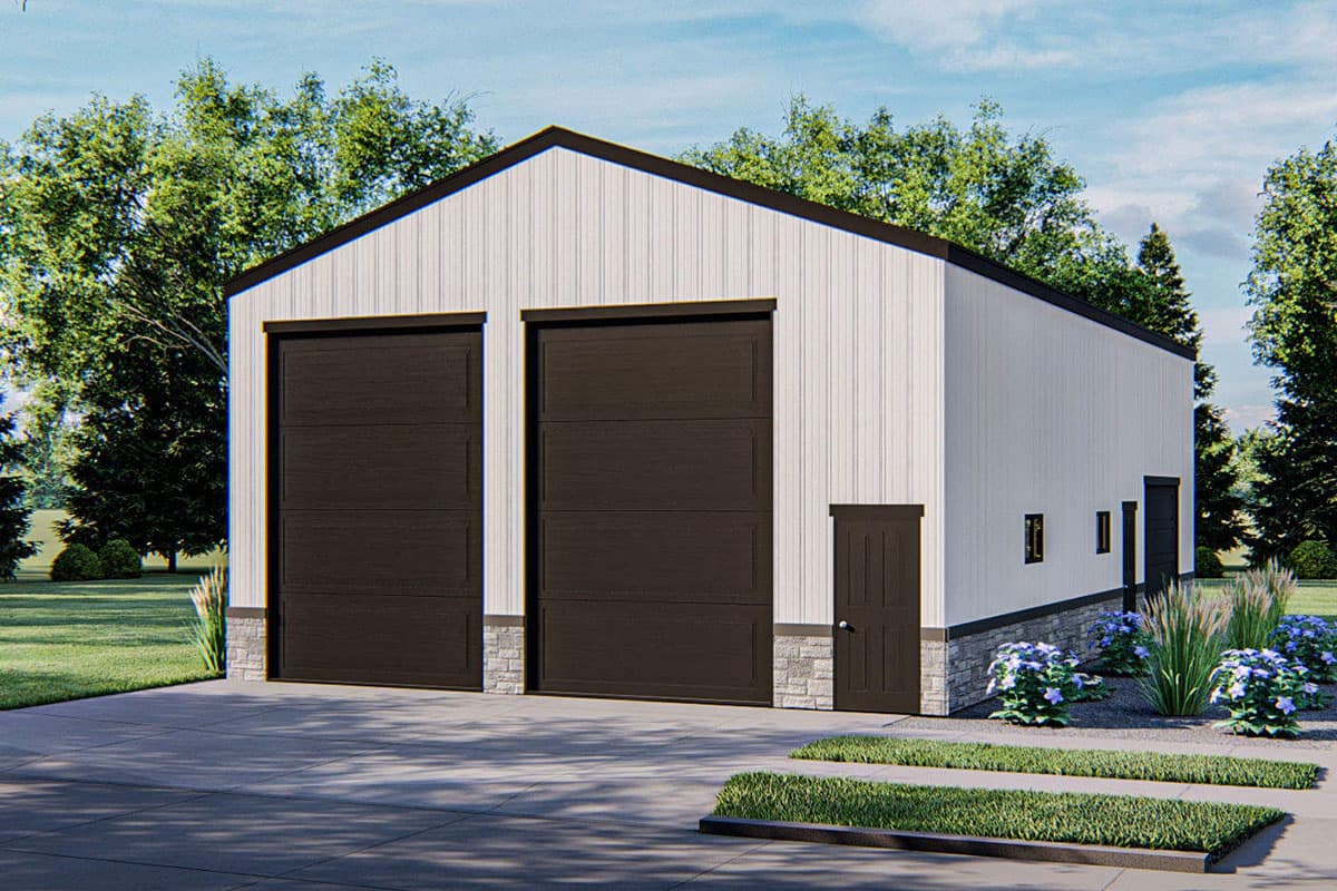 House plan exterior with two-car garage. Features include a gable roof, vertical siding, dark garage doors, and a small entry door.