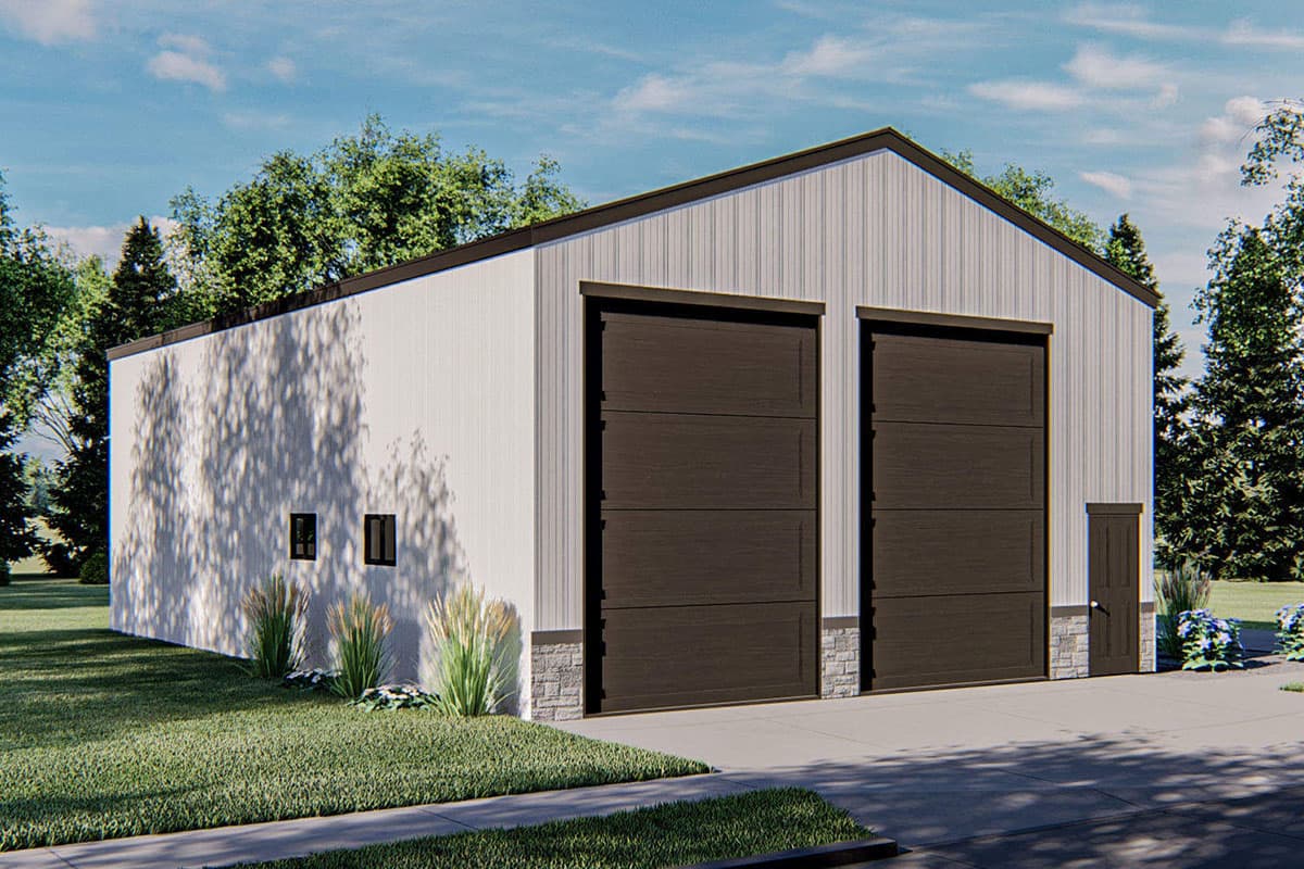 House plan exterior of a one-story garage with two dark brown garage doors, vertical siding, and stone base.