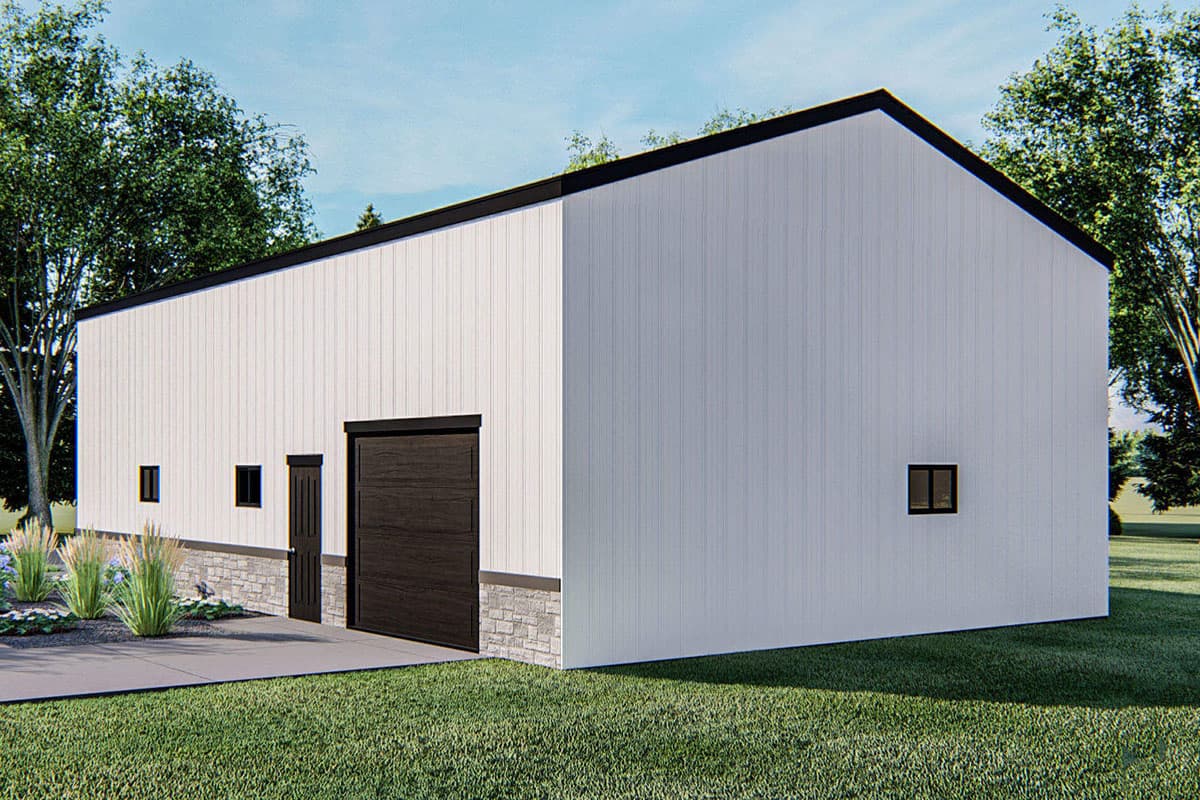 House plan exterior with white vertical siding, stone base, large garage door, and dark trim.