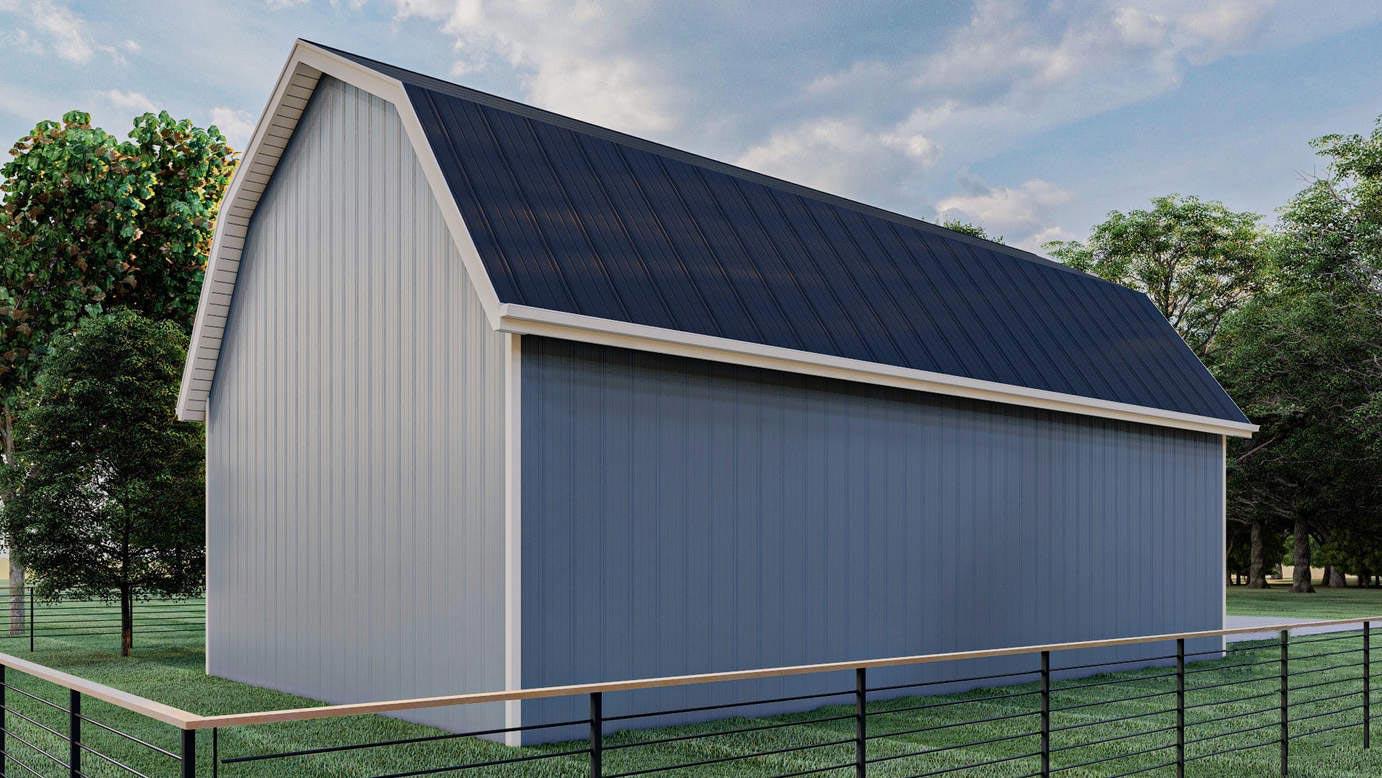 House plan exterior with gambrel roof, vertical siding, and dark metal roofing.
