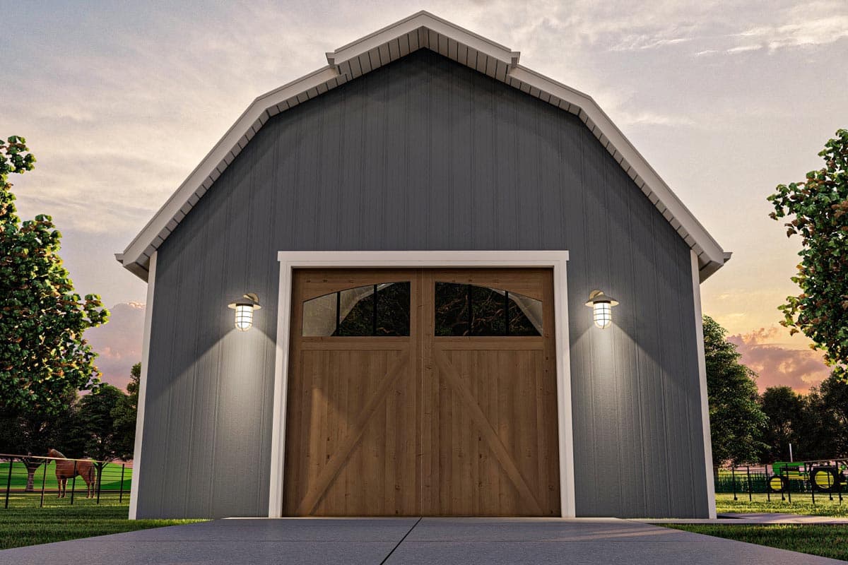 House plan exterior with gambrel roofline, dark siding, and a large wooden double garage door with arched windows.