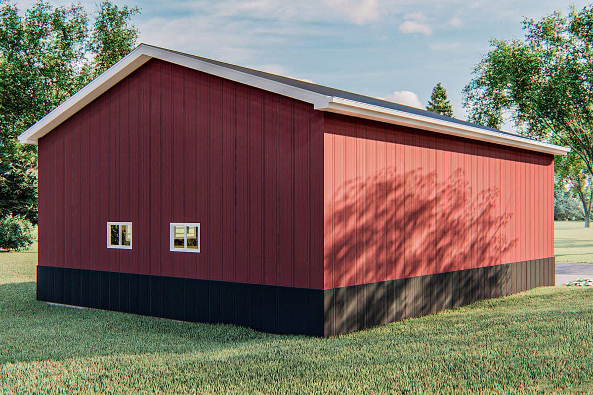 House plan exterior, a red structure with a gable roof and two small windows on the left side.