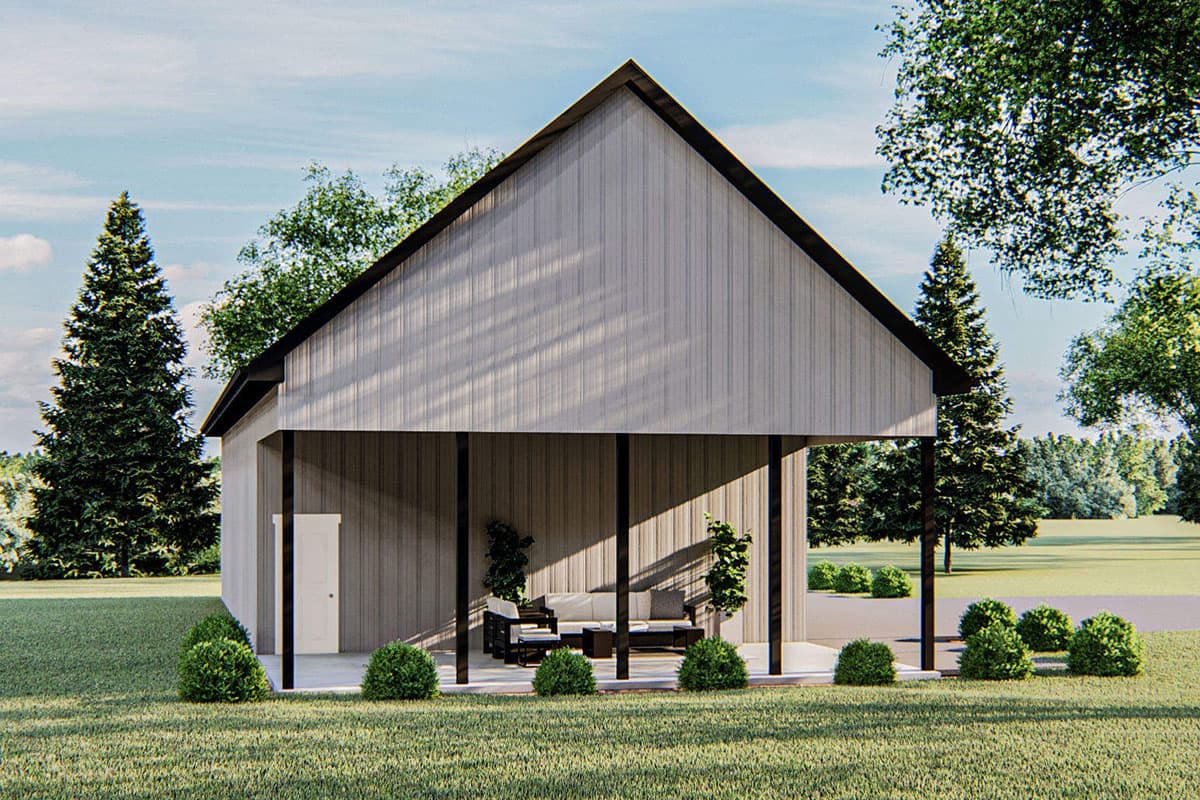 Modern house plan exterior with vertical siding, a gabled roof, and covered patio with seating.