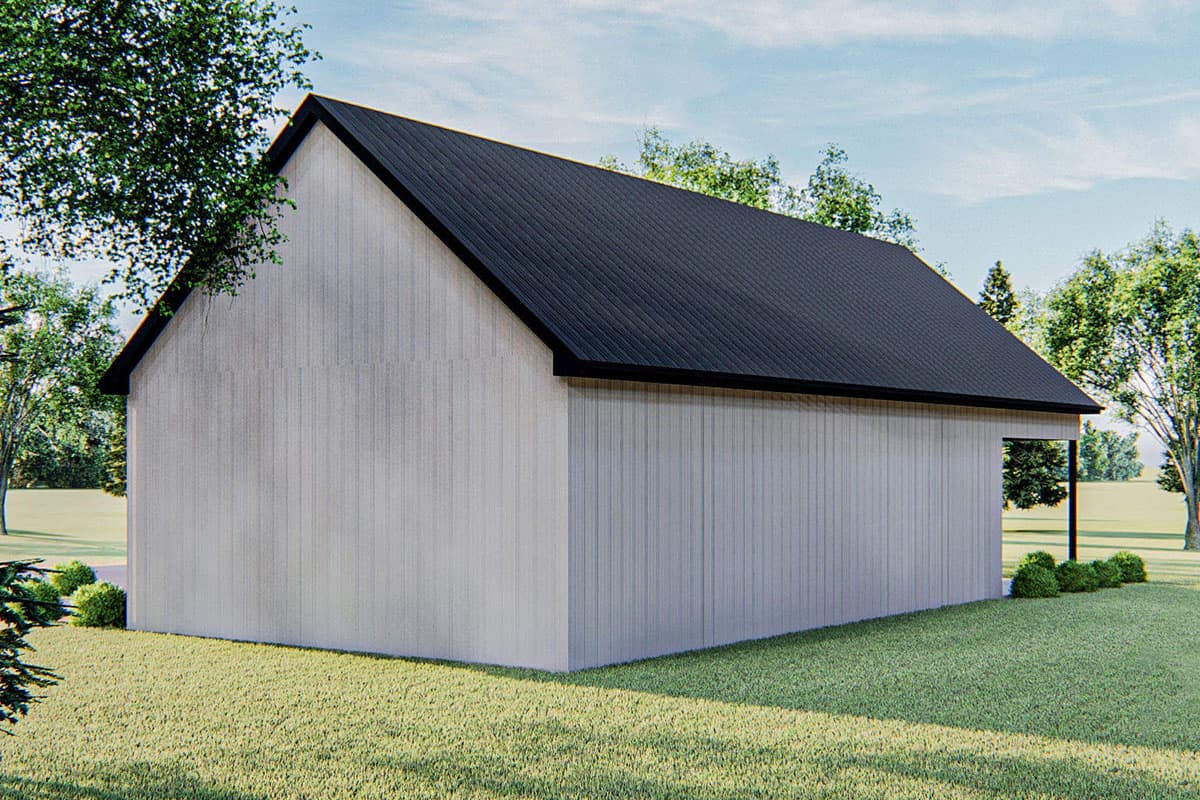 House plan exterior with vertical siding, steep gable roof with dark metal roofing, and an open covered area.