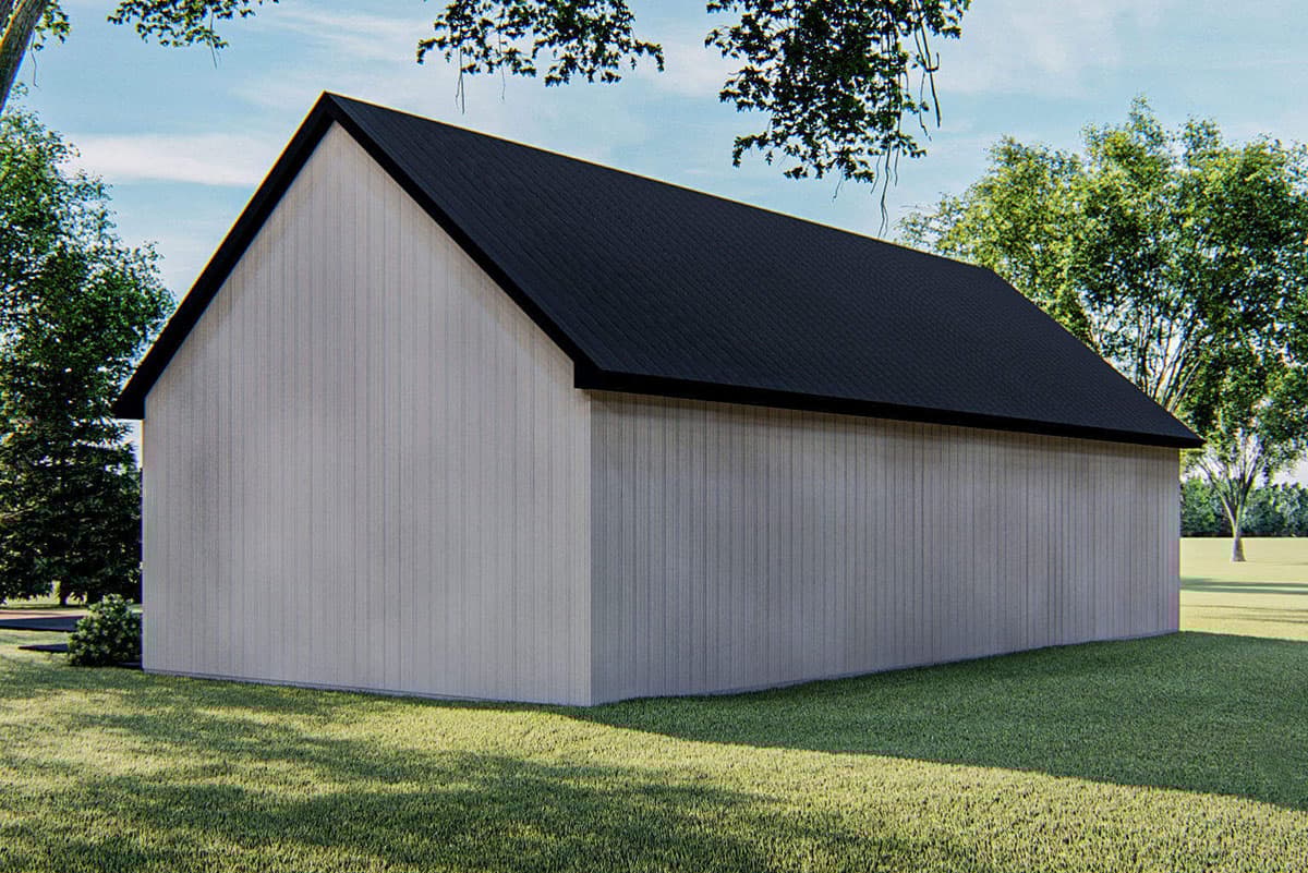 House plan exterior of a simple rectangular structure with vertical siding and a dark gable roof.