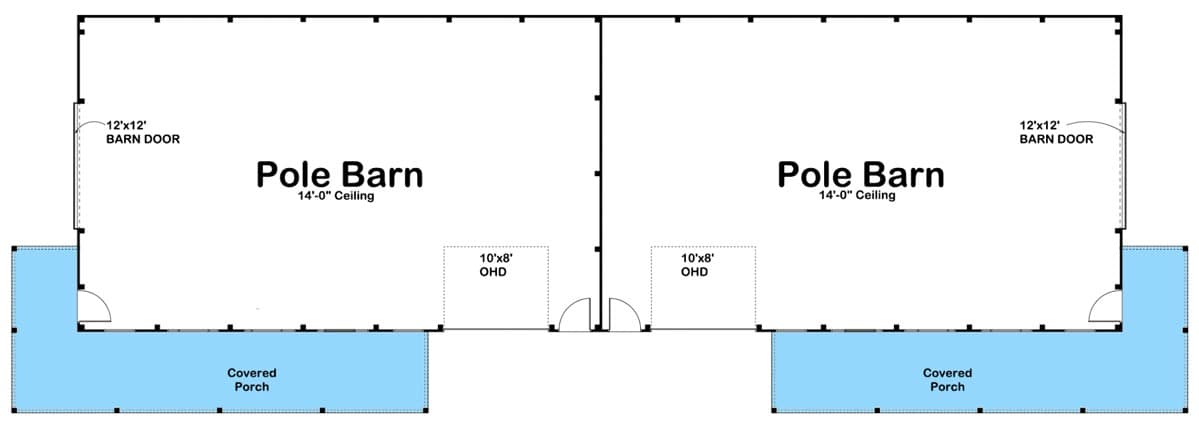 Plan 62949DJ: Side-by-Side Pole Barn Workshop with Covered Porches  - Floor Plan - Main Level - Barndominium, Country, Modern Farmhouse
