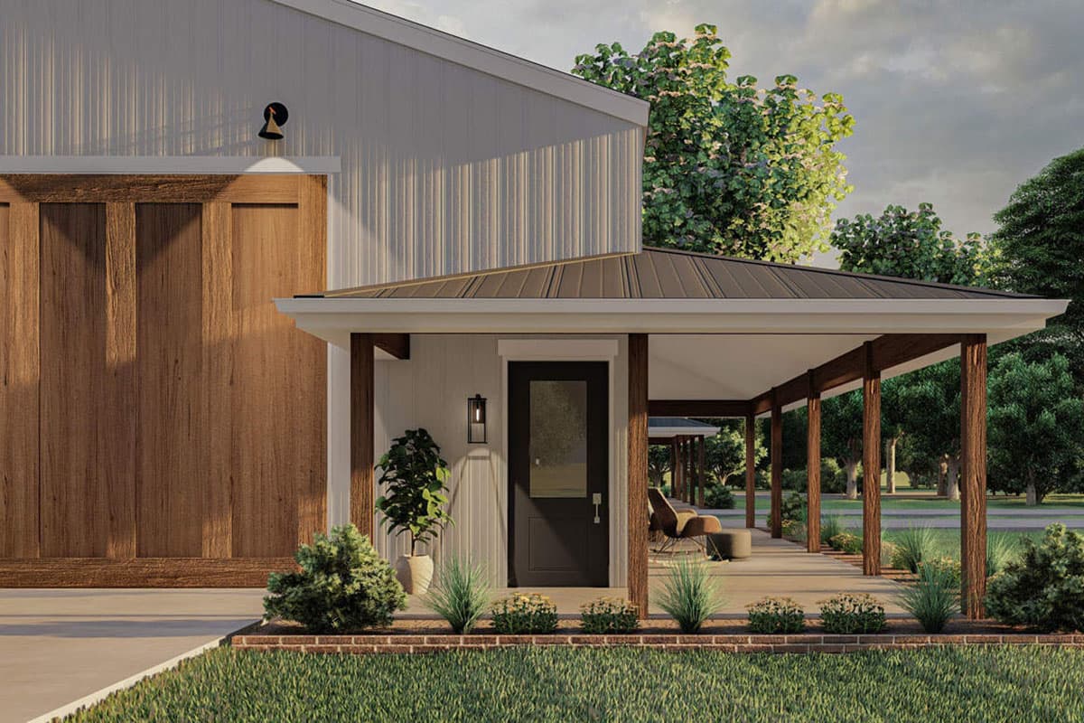 Plan 62949DJ: Side-by-Side Pole Barn Workshop with Covered Porches  - Image #4 - Barndominium, Country, Modern Farmhouse