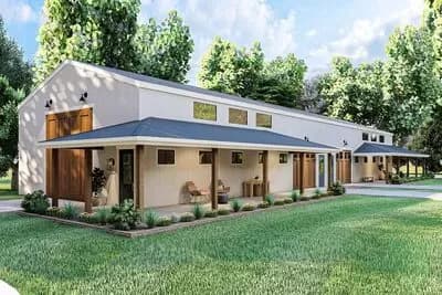 Side-by-Side Pole Barn Workshop with Covered Porches 