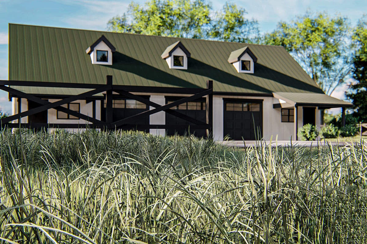 Modern Farmhouse house plan exterior with metal roof, dormers, black X-rail fence, and two garage doors.