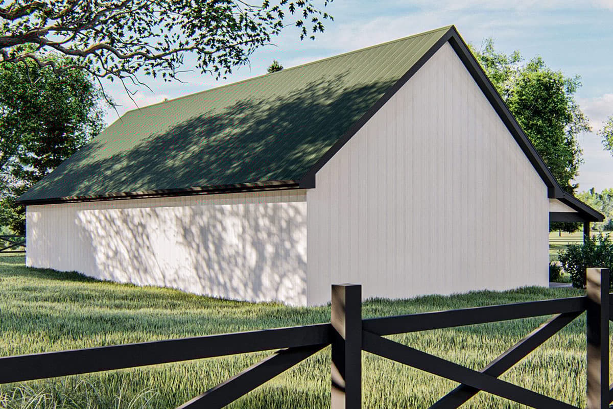 House plan exterior of a modern farmhouse style building with white board and batten siding and a dark metal gable roof.