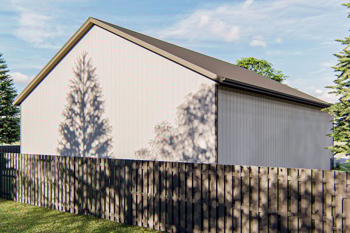 House plan exterior rendering with a gable roof, vertical siding, and a dark wooden fence.