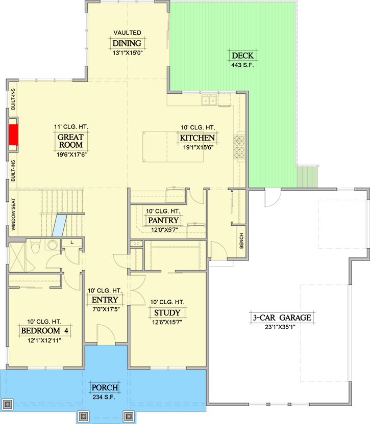 Plan 365006PED: Exclusive New American Home Plan with Private Study and Upstairs Laundry - Floor Plan - Main Level - Country, Craftsman, Mountain, New American, Northwest