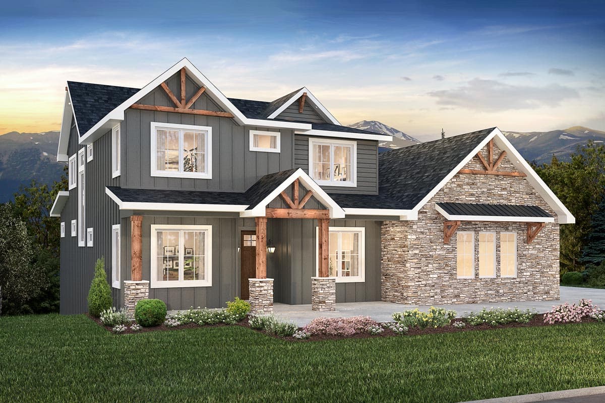 House plan exterior featuring a two-story Craftsman style home with exposed timber accents, stone facade, and multiple gables.