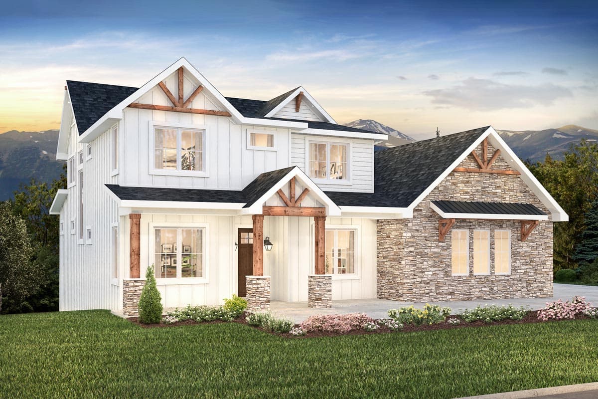 Two-story Modern Farmhouse plan with board and batten siding, stone accents, covered entry with exposed beams, and gabled rooflines.