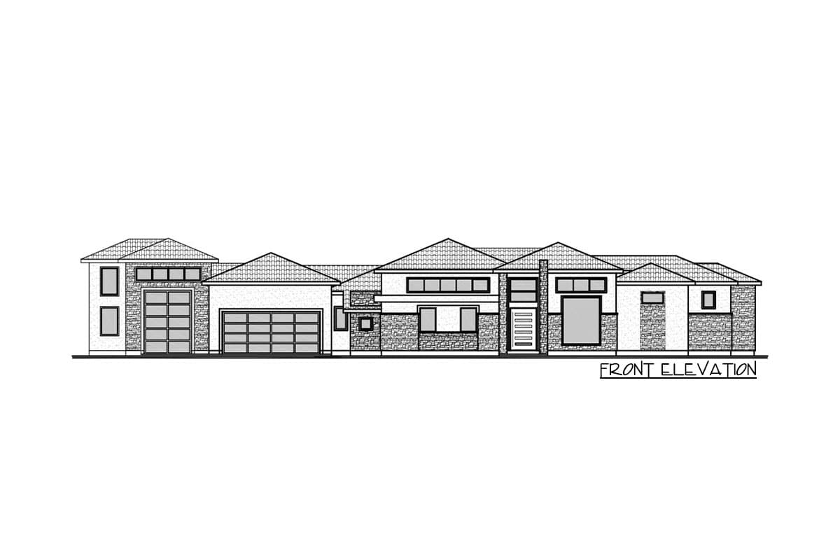 Front elevation drawing of a multi-story house plan with multiple garages, stone accents, and varied rooflines.