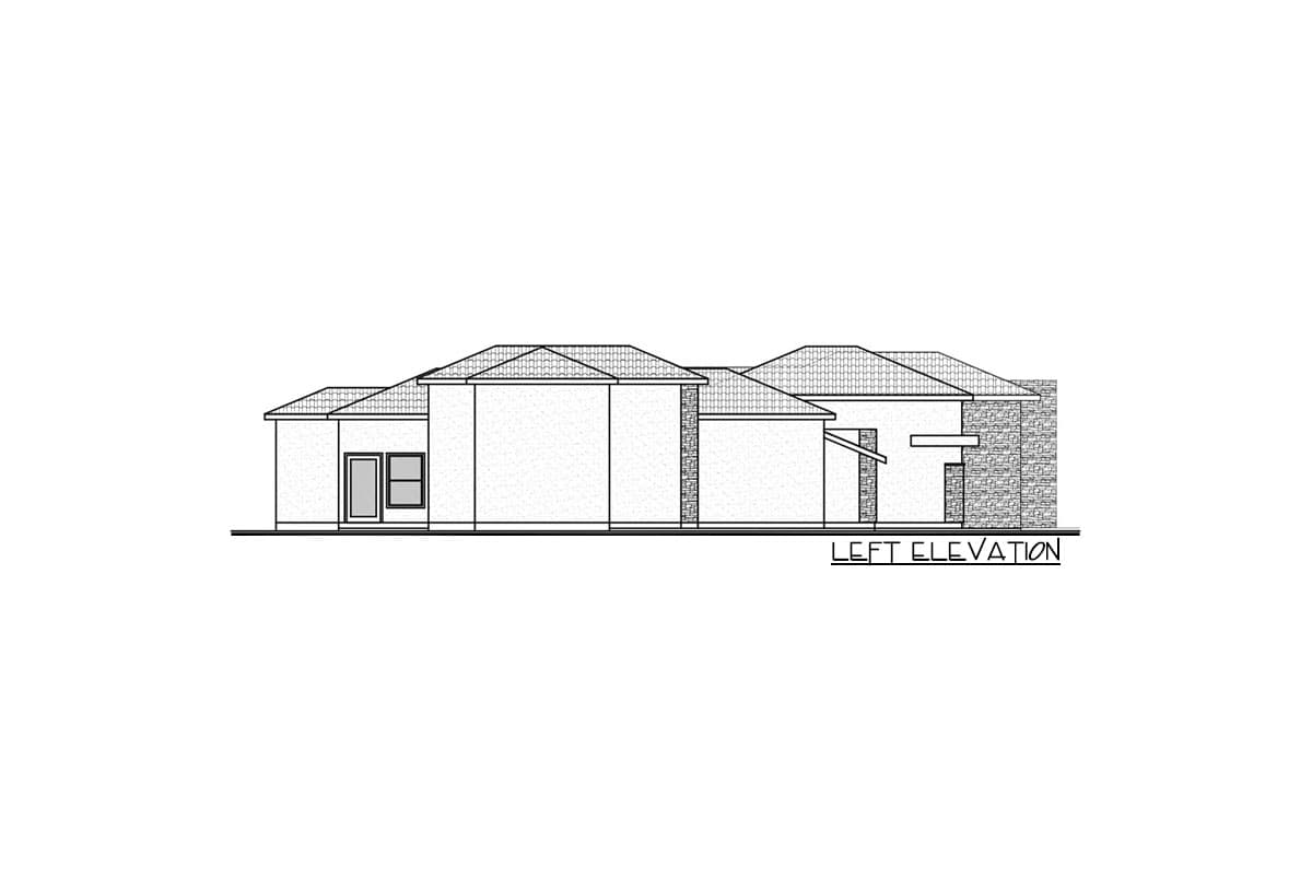Left elevation drawing of a single-story house plan with gabled roofs, stone accents, and a covered entryway.