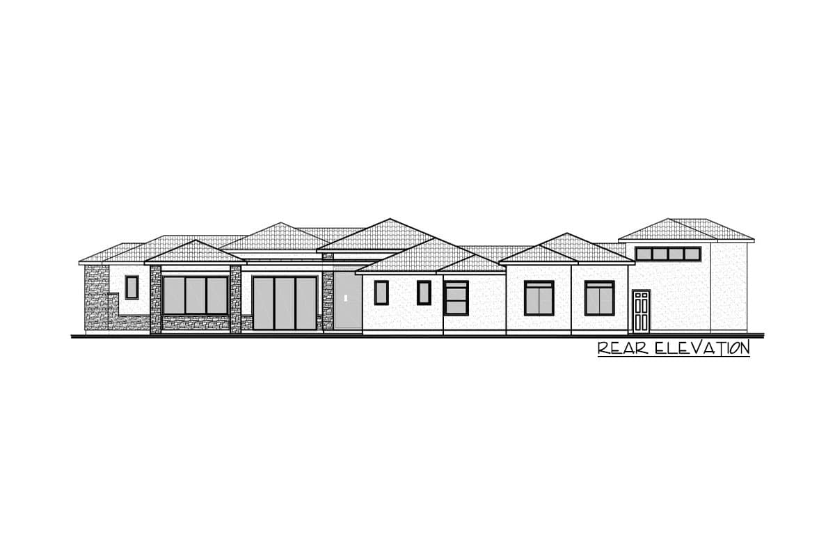 Rear elevation house plan. Single-story home with multi-level roof, stone accents, sliding glass doors, and multiple windows.