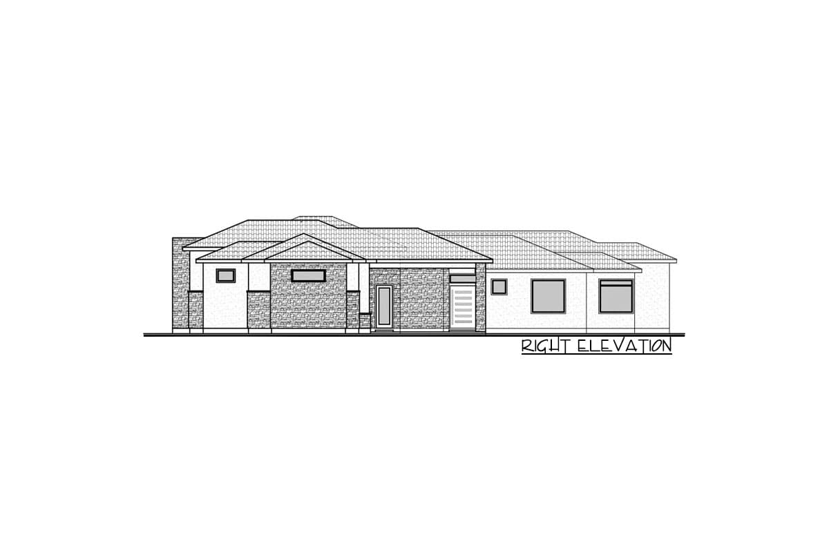 Right elevation house plan of a single-story dwelling with varied rooflines, stone accents, and a two-car garage.