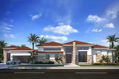 Contemporary Mediterranean Home Plan with 1-Bed Casita