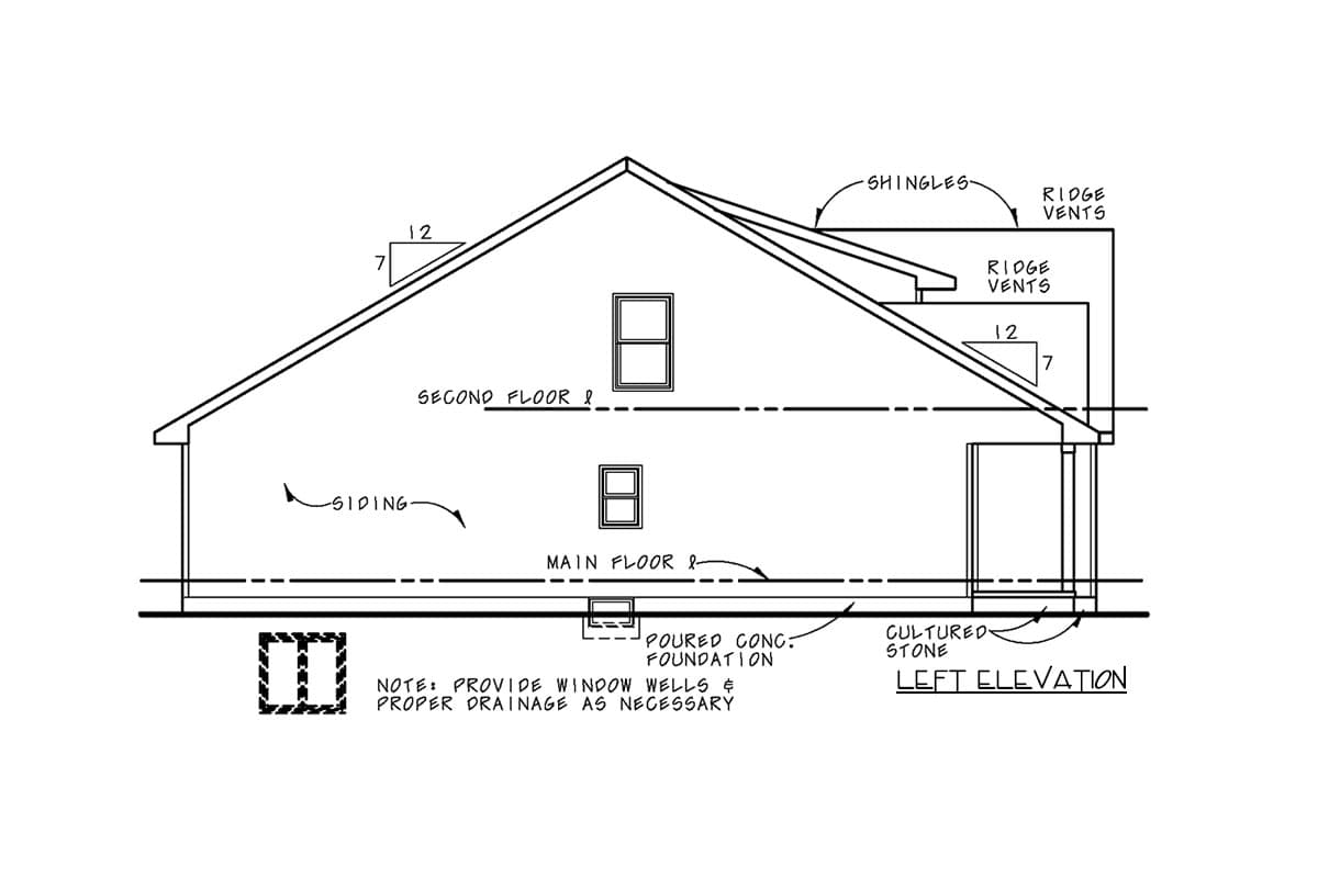 Left elevation house plan drawing showing two stories, siding, pitched roof with shingles, and cultured stone foundation.