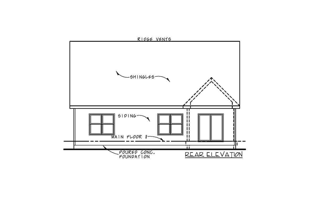 Rear elevation house plan drawing shows siding, two windows, a double door, and poured concrete foundation.