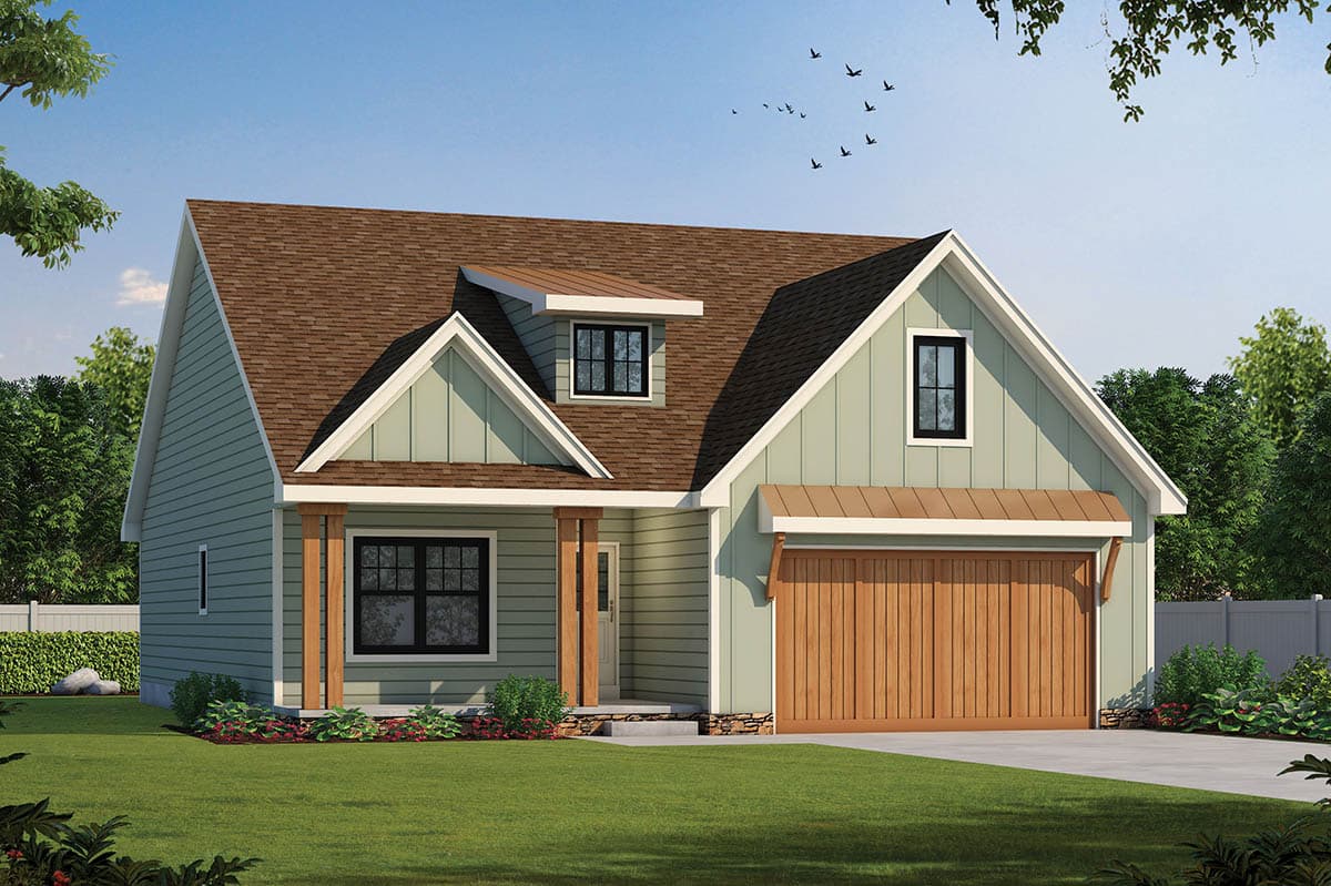 House plan exterior: Modern Farmhouse style, 1.5 stories, with a front porch, dormer window, and single-car garage.