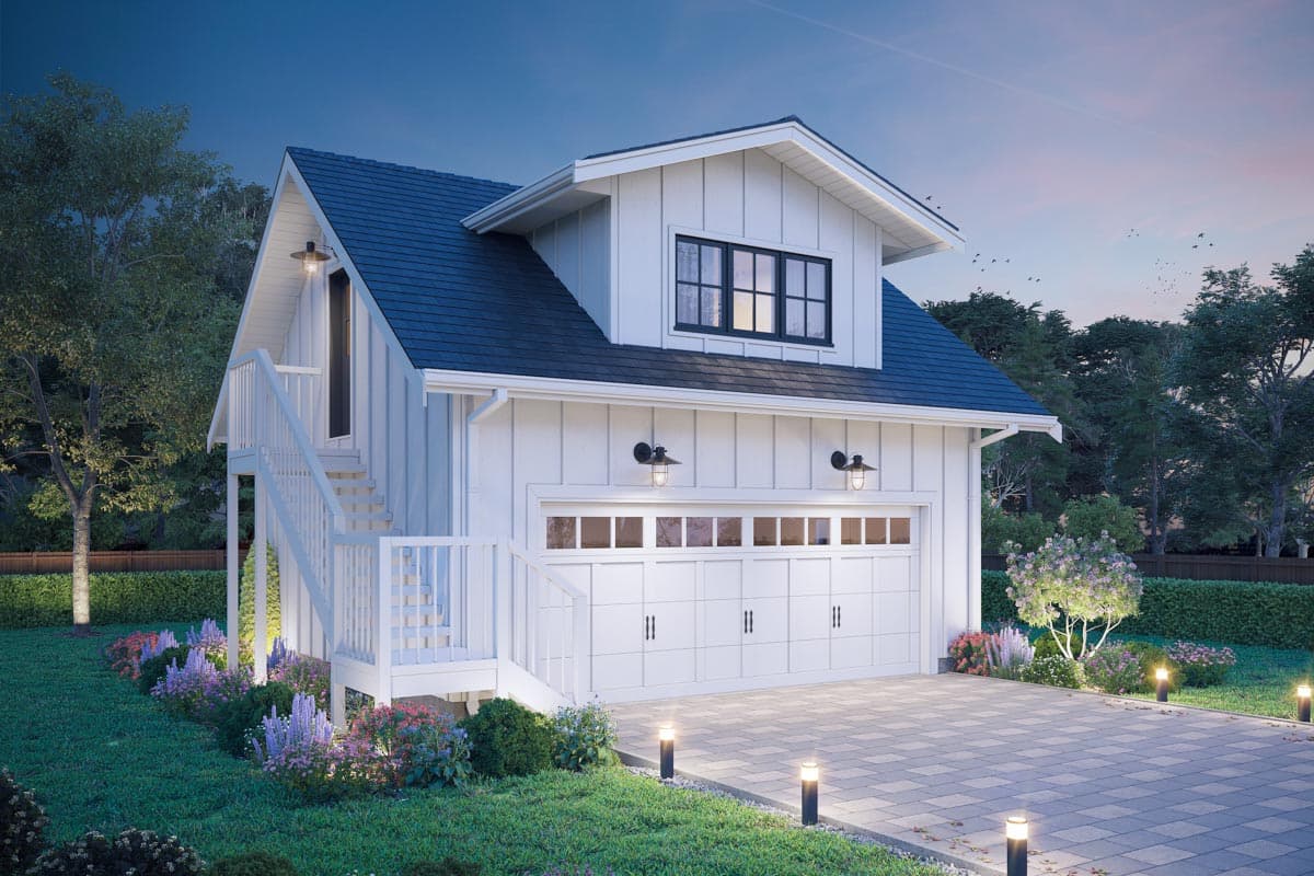 Modern Farmhouse house plan exterior with board-and-batten siding, a dormer window, and a double garage.