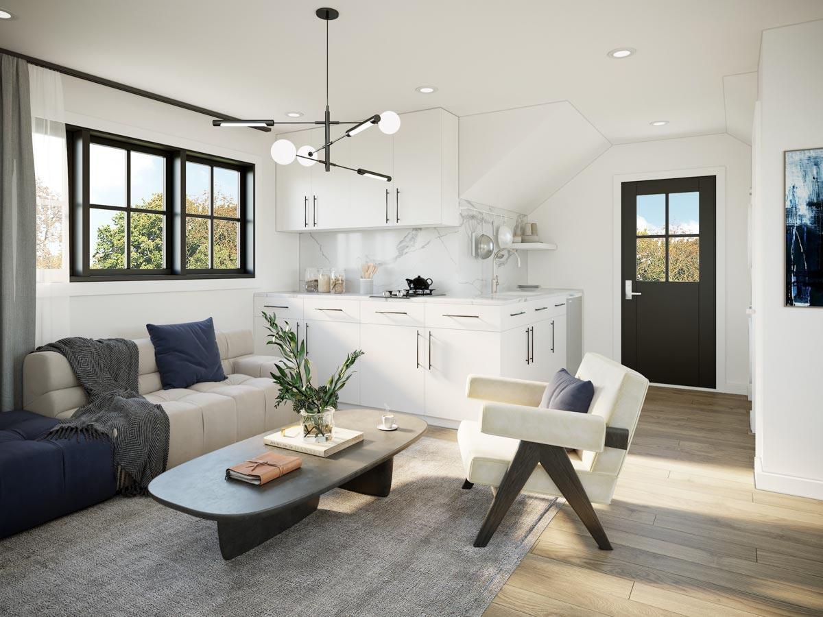 Compact living area with modern kitchen, sofa, armchair, and a black-paned door. Sloped ceiling and large window visible.