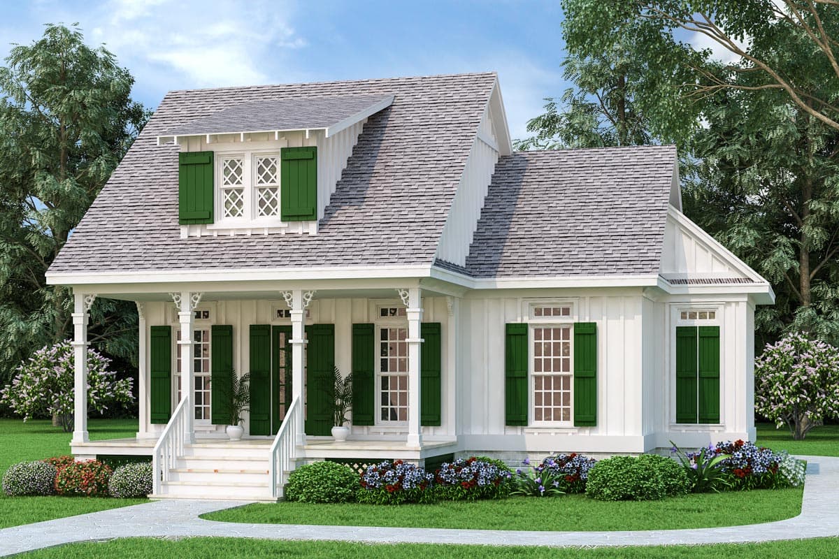 House plan exterior view of a two-story Cottage style home with a front porch, gables, and green shutters.