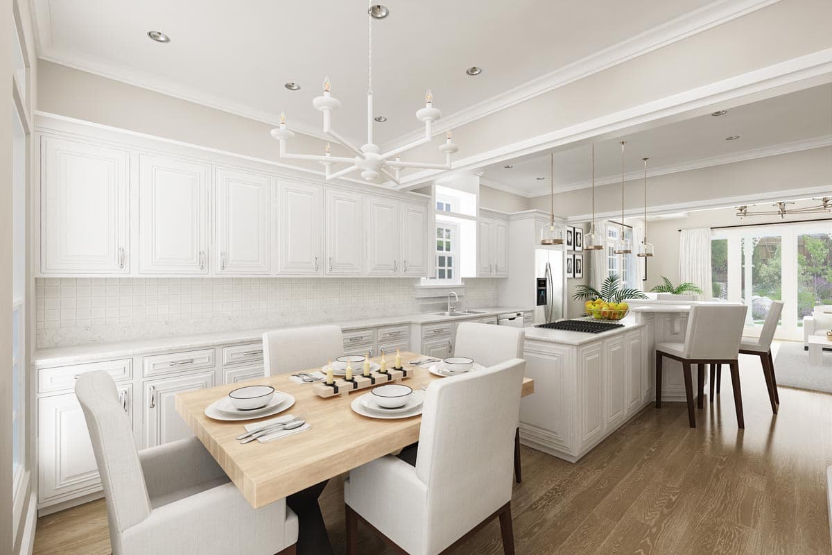 Interior rendering of a white kitchen with a dining table, island, white cabinetry, and stainless steel appliances.