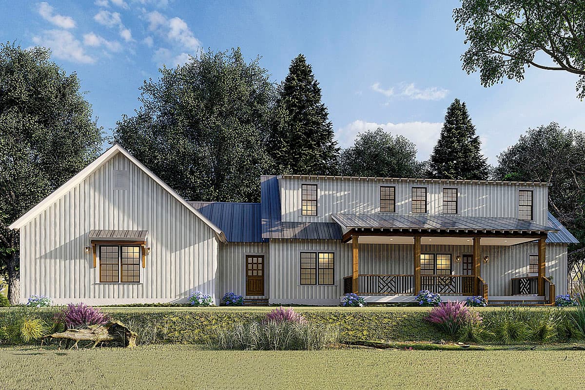 Modern Farmhouse house plan exterior featuring a gabled roofline, board-and-batten siding, and a covered porch with X-braced railings.