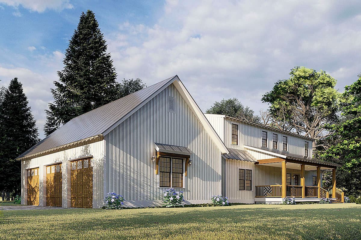 Modern Farmhouse house plan exterior with gabled roof, standing seam siding, three-car garage and covered porch.