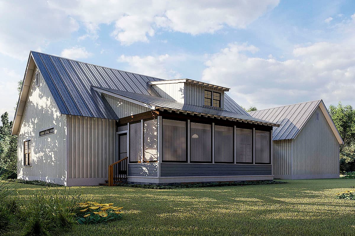 House plan exterior with a gabled roof, vertical siding, and a screened-in porch with large windows.
