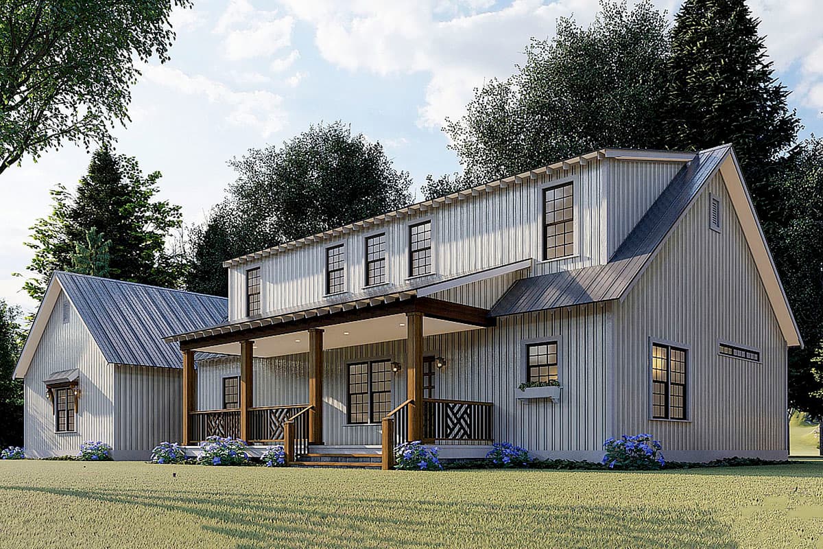 House plan exterior with metal siding, two stories, covered front porch, gabled roof, and attached garage. Includes dormers.