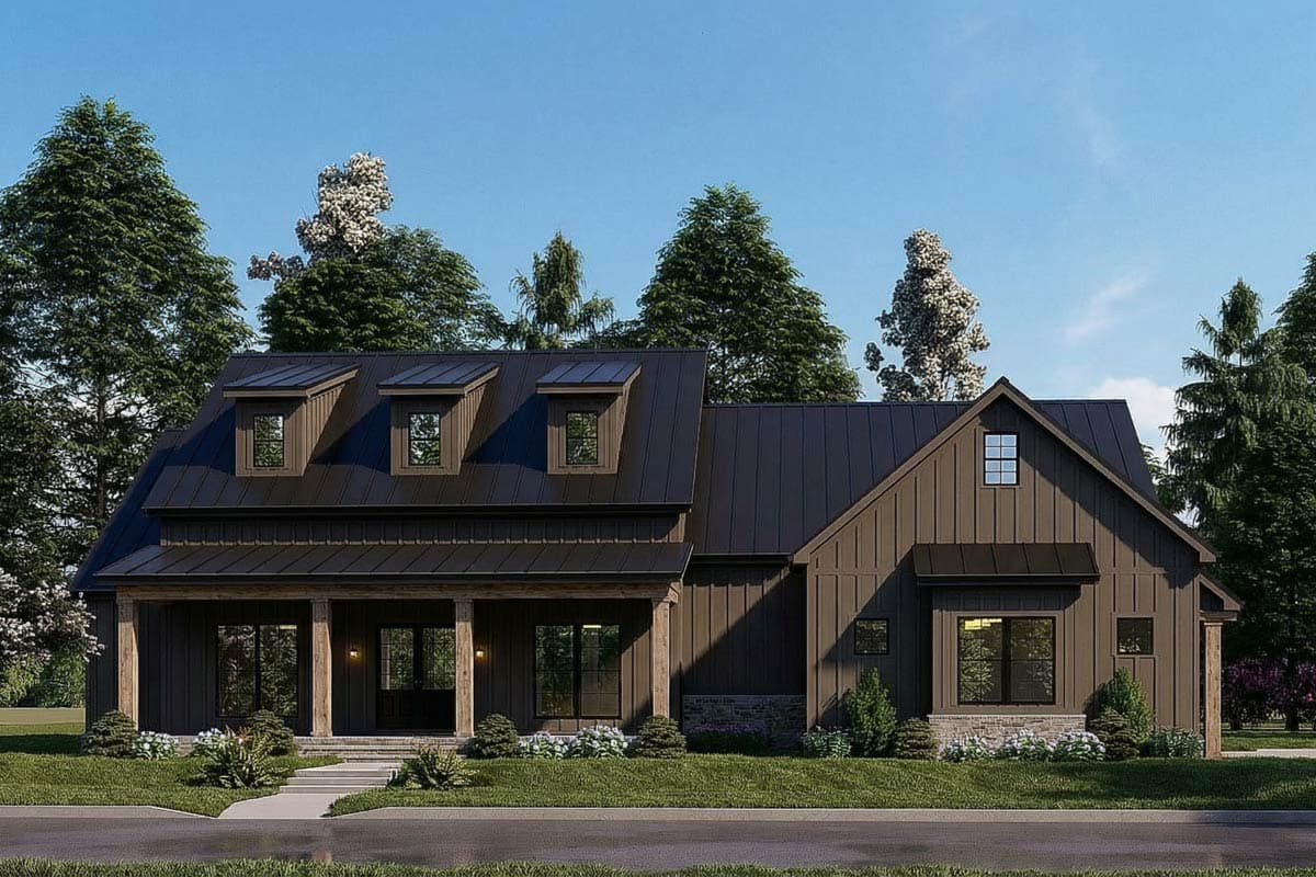 House plan exterior: Modern Farmhouse style, two stories, with a covered porch, multiple dormers, and a metal roof.
