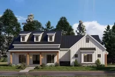 Modern Farmhouse Plan with Three Shed Dormers and a Flex Room - 2343 Sq Ft